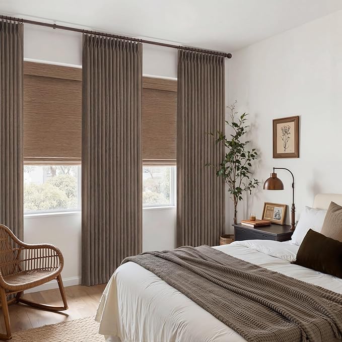 Dark Brown Pleated 90 Inch Bedroom Curtains 2 Panels Set, Memory Shape Pinch Pleat Linen Semi Sheer Light Filtering Privacy Windows Drapes Country Dining Room Curtain 90 Inches Long with Hooks & Rings
