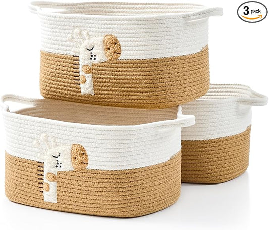 Woven Baskets, 3-Pack Storage Basket for Living Room, Bedroom, Nursery, Stylish Gift Basket with Handles, Cotton Rope Basket for Toys and Shelves, Multi-Purpose Organizer, Giraffe