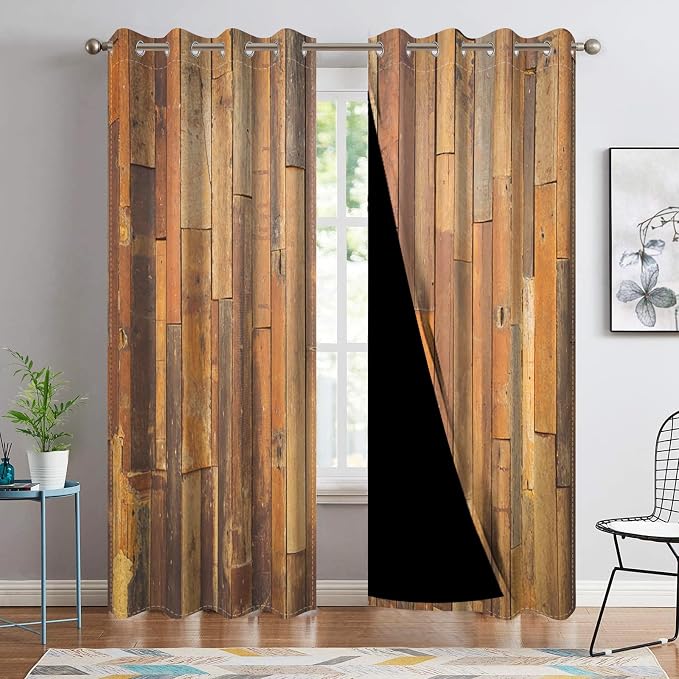 Wooden Curtains Vertical Planks Wooden Window Curtains Rustic Wooden Barn Door Grain Cottage Hardwood Garage Door Bedroom Living Room Window Drapes Decor with Grommets,53x84 inch,2 Panels