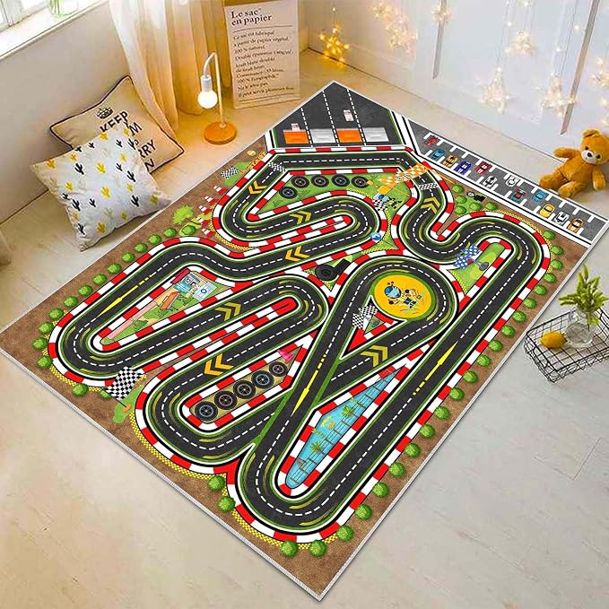 Kids Racing Rug 79''x118'' Car Road Kid Rug Carpet Playmat for Playoom Traffic Road Kid Play Mat for Bedroom，Washable Kids Educational City Traffic Road map Fun Carpet (Brown)