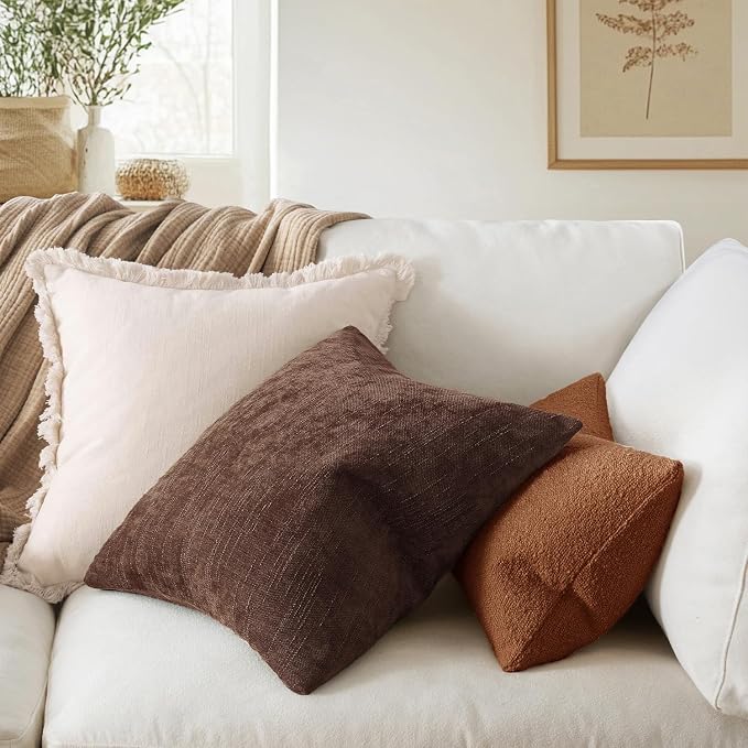 MIULEE Pack of 2 Decorative Throw Pillow Covers Soft Chenille Throw Pillows Solid Neutral Farmhouse Textured Cushion Covers for Couch Sofa Bedroom Living Room 20x20 Inch,Red Brown