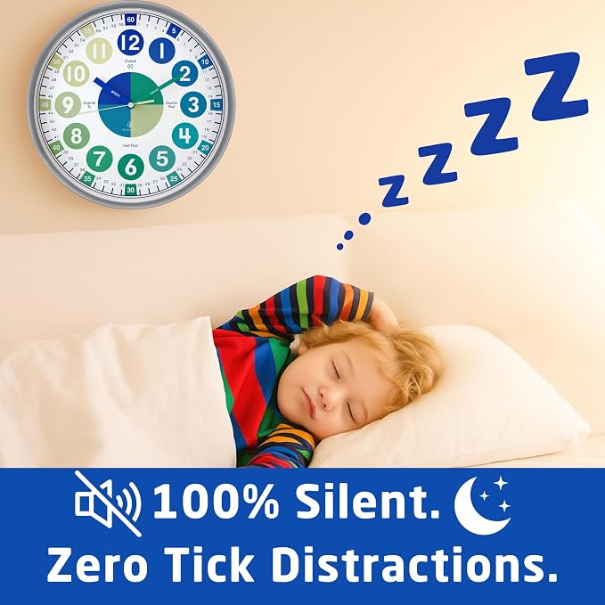OWLCONIC Clock for Kids – Educational Analog Learning Wall Clock, Non Ticking Teaching Clock for Classroom & Homeschool, Silent Kids Bedroom Décor Blue Green