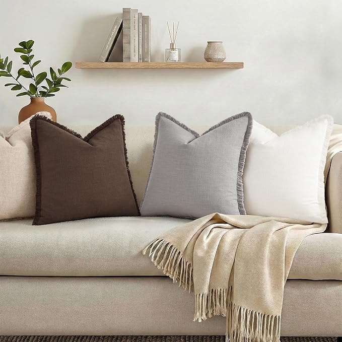 decorUhome Linen Fringe Lumbar Throw Pillow Covers Set of 2 Decorative Light Grey Pillow Covers with Tassels Soft Accent Boho Farmhouse Pillow Cases for Couch Bed Sofa 12x20 Inch