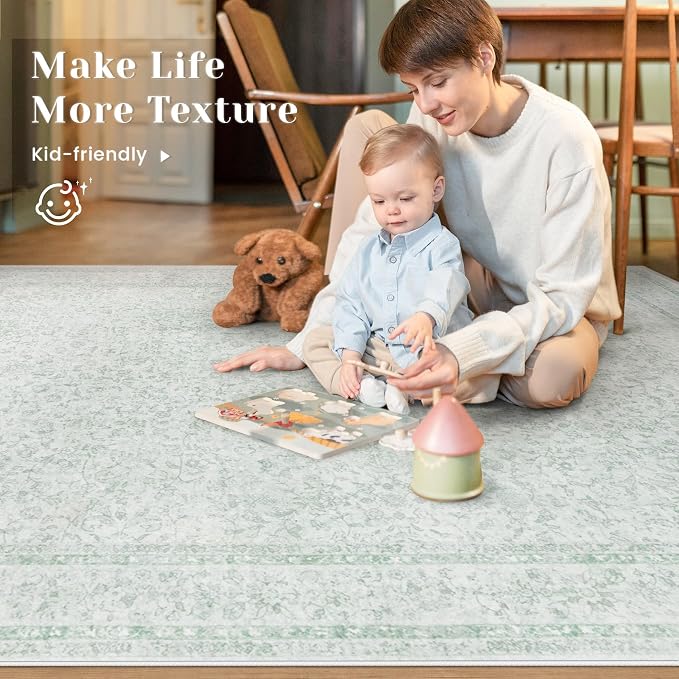 5x7 Area Rugs for Living Room: Washable Vintage Floral Rug Low Pile Non-Slip Boho Carpet for Nursery Bedroom Dining Room (Green, 5'x7')