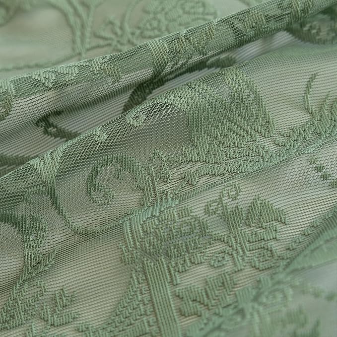 TUDECO Dark Green Curtains 96 Inch Long - Antique Embroidered Lace Sheer Curtains for Living Room, Farmhouse Summer Floral Forest Ruffle Rod Pocket 2 Panels, 8 FT 59W x 96L, Olive Green