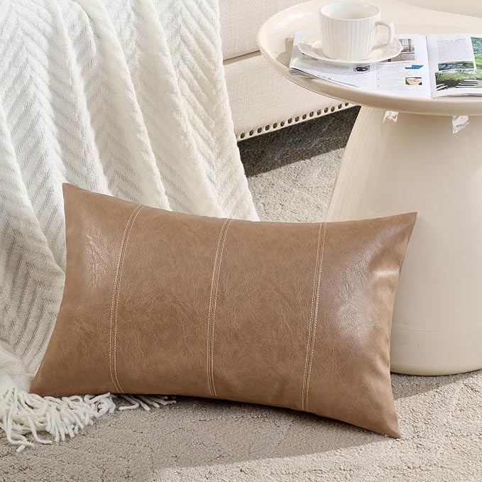 Fancy Homi Light Brown Boho Long Lumbar Faux Leather Decorative Throw Pillow Covers 12x24 Inch for Living Room Couch Bed Sofa, Hand Stitched Rectangle Cushion Case, Rustic Modern Farmhouse Home Decor