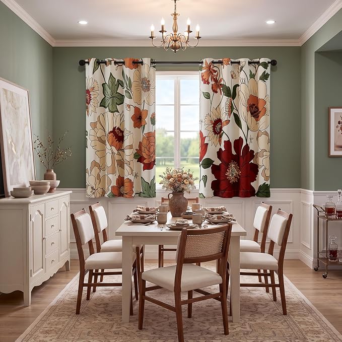 Lazzzy Floral Curtains for Bedroom Living Room Vintage Blackout Curtains 63 Inches Long Room Darkening Drapes Grommet Flower Patterned Window Treatments Set of 2 Panels, 50" x 63"