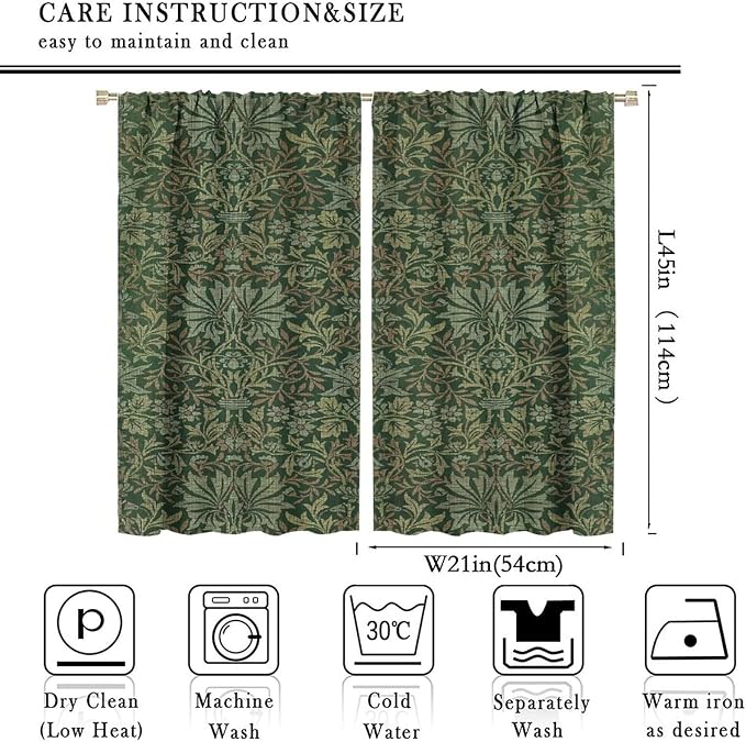 Bohemia Art Blackout Window Curtains, William Morris Original Design Green Garden Vintage Curtains, for Living Room Bedroom 21(W)*45(L) 2 Panels