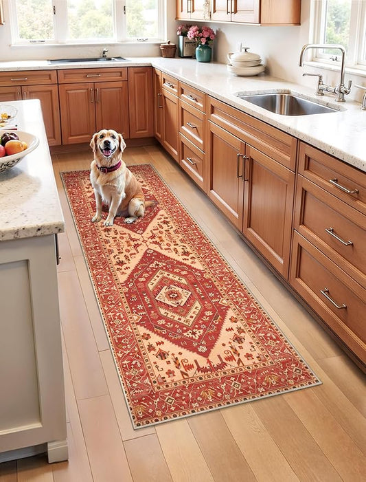 SERISSA Boho Washable Runner Rug, 2x5 Rug Runner Non-Slip Vintage Red Hallway Kitchen Runner Rug Ultra Soft Print Distressed Floor Carpet Runner for Bedroom Bathroom Laundry Living Room