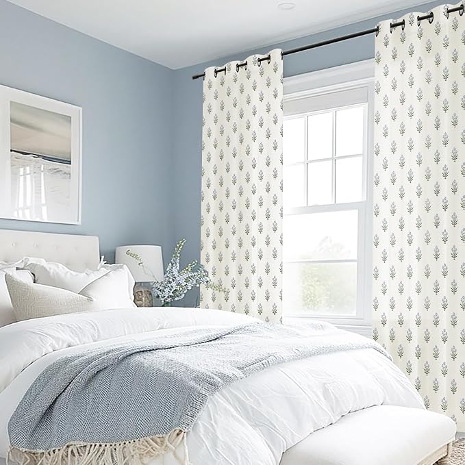 Blue and Green Vintage Floral Linen Farmhouse Curtains for Living Room, 84 Inch Spring French Country Light Filtering Semi Sheer Curtain, Decorative Flower Window Treatments Grommet Drapes for Bedroom