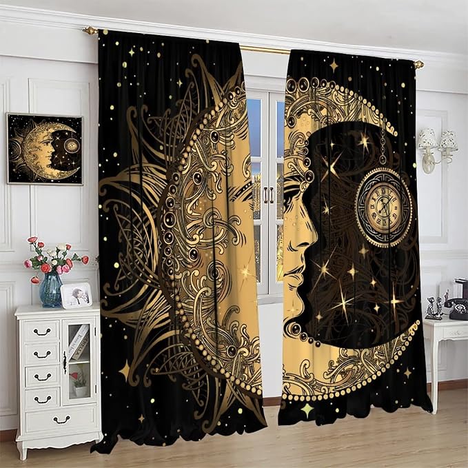 Sun Moon Blackout Windows Curtains, Retro Bohemian Antique Hippie Gold Sun Crescent and Star Curtains, for Living Room Bedroom 72x63in 2 Panels