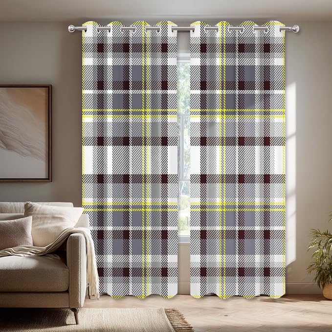 Shrahala Grunge Vintage Art Plaid Blackout Window Curtains, Tartan Grey Thermal Insulated Curtains Grommet Top Window Drapes for Living Room, Bedroom (2 Panels,52 x 84 in)