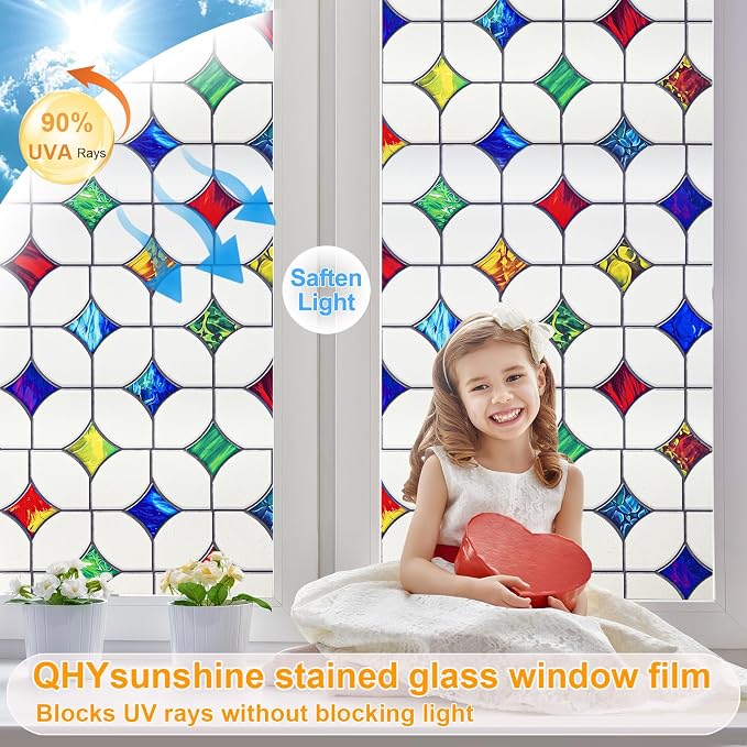 Stained Glass Window Film - Non-Adhesive Colorful Privacy Film | Privacy Protection, Reusable & Renter Friendly | Perfect for Bedroom/Bathroom Room Decor (Frosted Mosaic, 17.5 X 78.7 in)
