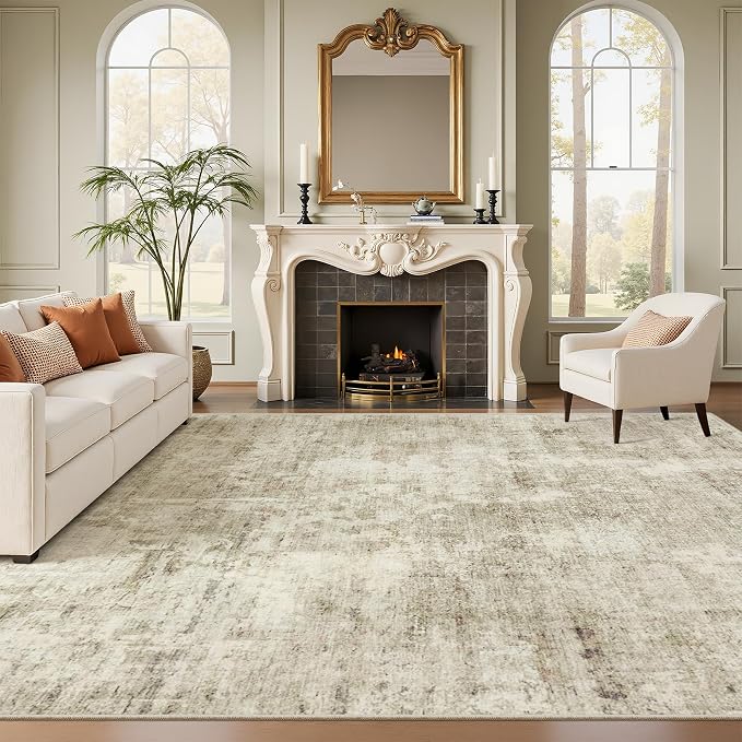 Soalmost 7x10 Area Rug for Living Room Washable Abstract Vintage Soft Thin Indoor Floor Non-Slip Carpet for Bedroom Dining Room Beige Gray