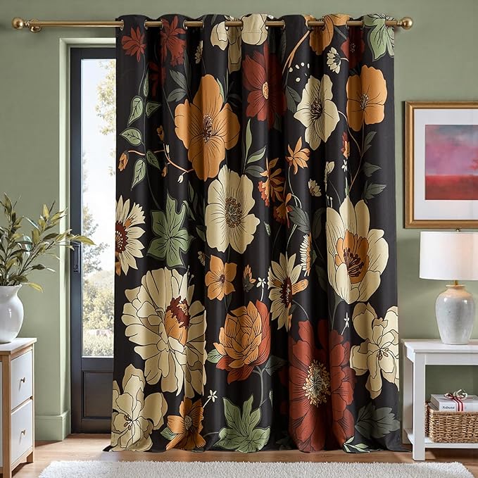 jinchan Lora Floral Curtain for Living Room Blackout Drape for Sliding Door Extra Wide Room Darkening Fall Decor Vintage Boho Flower Print Patio Door Curtain Grommet 1 Panel W100xL96 Inch Black