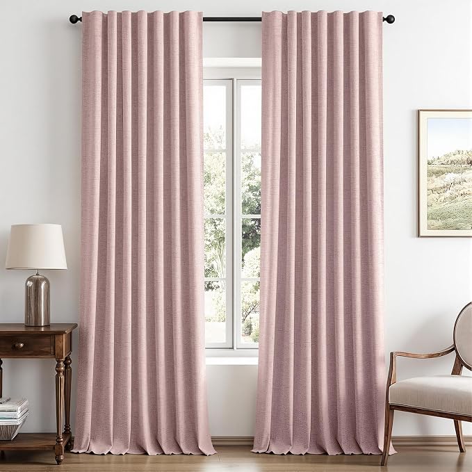 MIULEE 100% Blackout Linen Curtains for Bedroom, Pink Solid Luxury Decor Thermal Insulation Room Darkening Drapes for Living Room Back Tab Rod Pocket 42 x 96 Inches, 2 Panels