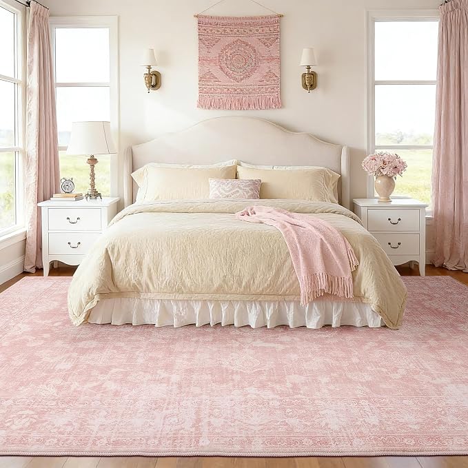 FROZZUR Boho Pink Area Rug 8x10 Large Vintage Rug for Living Room Bedroom Dining Table, Non Slip Distressed Washable Rugs for Home Office Decor Pink