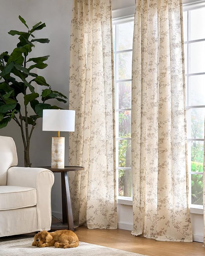 jinchan Taupe Floral Linen Curtains 90 Inch Farmhouse Back Tab 2 Panels | Flower patterned drapes, french country, light filtering, semi sheer, printed, bedroom, living room, office, window treatment