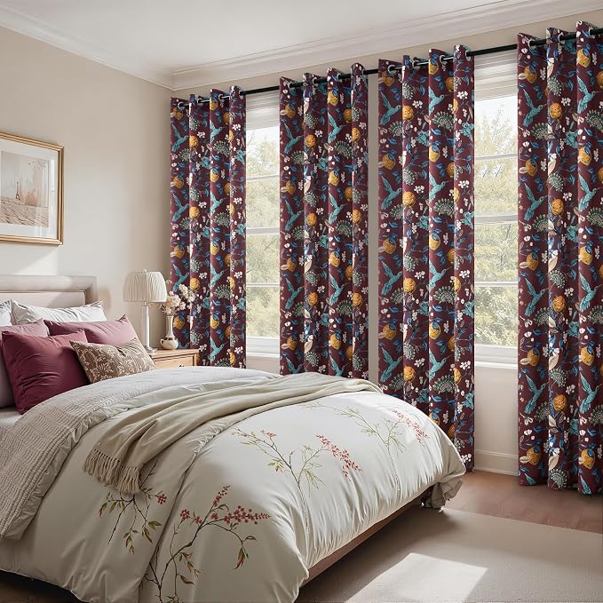 Topfinel Rust Floral Curtains 96 Inches Long 2 Panels Unique Beige Luxury Elegant Colorful Euro Flower Hummingbird Patterned Rustic Vintage Grommet Drapes for Classroom Room Office Closet