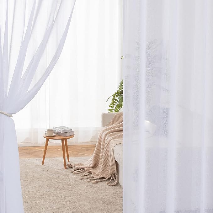 MIULEE 2 Panels White Semi Sheer Window Curtains 96 Inches Long Elegant Decoration Grommet Top Window Voile Drapes/Treatment Linen Textured Panels for Bedroom Living Room (54X96 Inches)