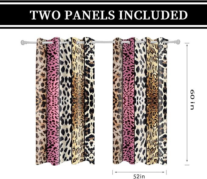 Wild Animal Print Curtain, Room Darkening Thermal Insulated Blackout Leopard Boa Window Drapes with Grommets for Living, Dining, Bedroom, Pink Leopard Print, 52"x 60", 2 Panels