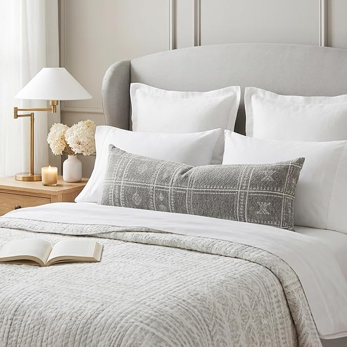 BlissBlush Decorative Lumbar Pillow Cover 14x36, Long Decorative Throw Pillow for Bed, Light Gray Boho Textured Chenille Accent Pillowcase for Bedroom Home Décor (Cover Only)