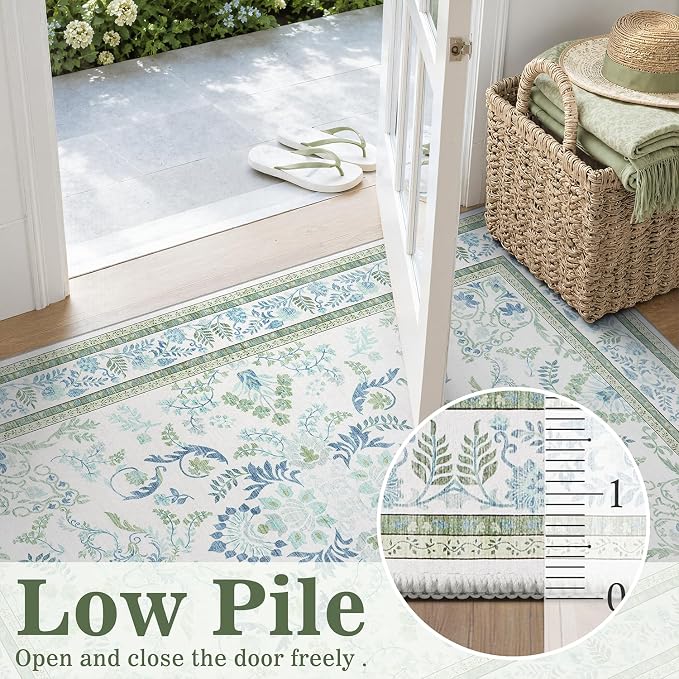 DCX Green and Blue Floral 2x8 Runner Rug, Machine Washable with Non Slip Vintage Backing Hallway Runner Rug Carpet for Nursery Soft Low Pile Stain Resistant, Kitchen, Bathroom