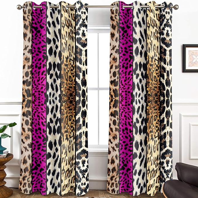 Wild Animal Print Curtain, Room Darkening Thermal Insulated Blackout Leopard Boa Window Drapes with Grommets for Living, Dining, Bedroom, Hot Pink Leopard Print, 52"x 96", 2 Panels