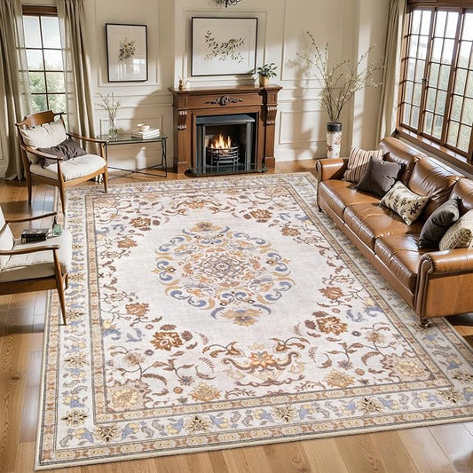 Tangsoo 9x12 Large Area Rug for Living Room, Non Slip Machine Washable Rug for Bedroom, Boho Vintage Beige Neutral Rugs, Soft Low Pile Indoor Floor Carpet Mat for Office Kitchen Farmhouse Home Decor
