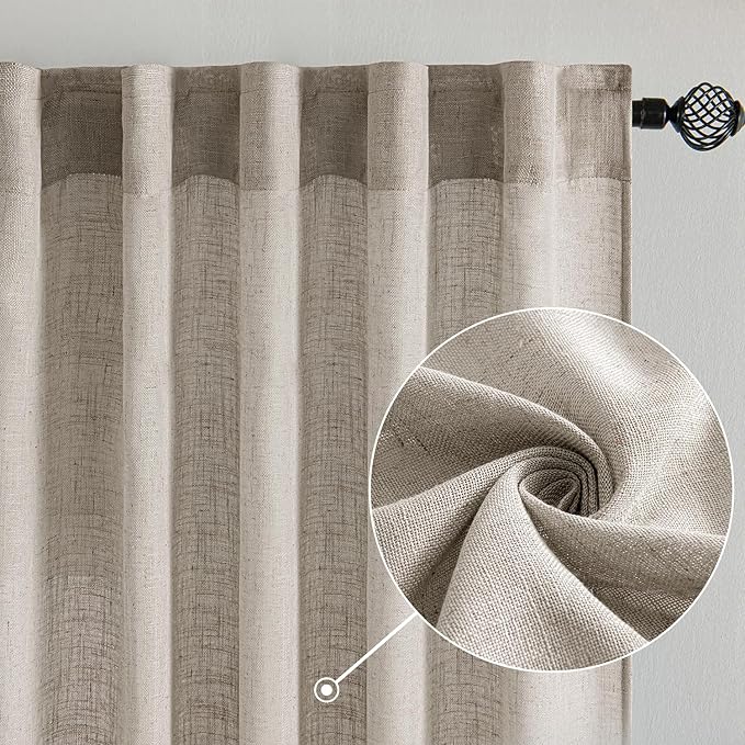MIULEE Burlywood Birch Linen Curtains 108 Inches Long 2 Panels for Bedroom Living Room, Soft Linen Textured Window Drapes Semi Sheer Light Filtering Back Tab Rod Pocket Farmhouse Burlap Look Decor