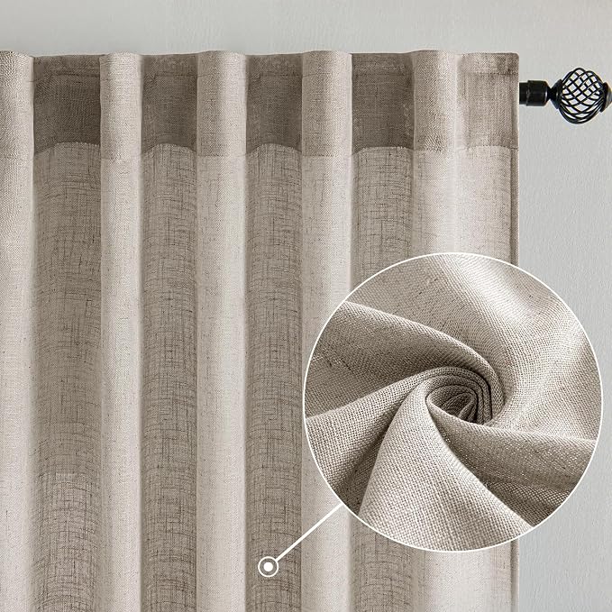 MIULEE Burlywood Birch Linen Curtains 96 Inches Long 2 Panels for Bedroom Living Room, Soft Linen Textured Window Drapes Semi Sheer Light Filtering Back Tab Rod Pocket Farmhouse Burlap Look Decor