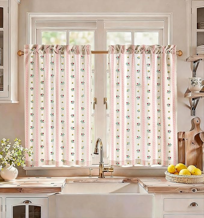 Miss Adola Farmhouse Kitchen Tier Curtains - 36 Inch Length Linen Blend Boho Floral Cafe Curtains Stripe Small Window Treatments Over Sink Rod Pocket for Bathroom Living Room Light Filtering, 2 Panels