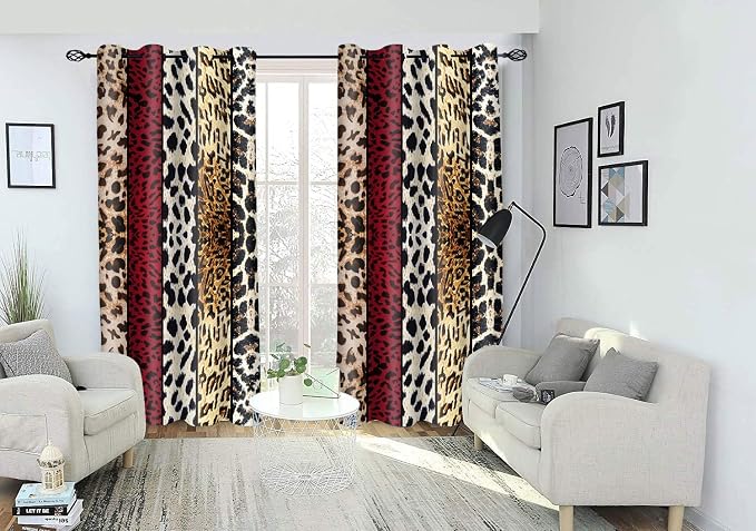 Wild Animal Print Curtain, Room Darkening Thermal Insulated Blackout Leopard Boa Window Drapes with Grommets for Living, Dining, Bedroom, Red Leopard Print, 52"x 63", 2 Panels