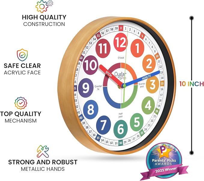 Oyster&Pop Kids Clock – Silent 10" Analog Learning Wall Clocks - Award-Winning Telling Time Teaching Clock for Kids - Bedrooms Homeschool & Classrooms - Includes eBook