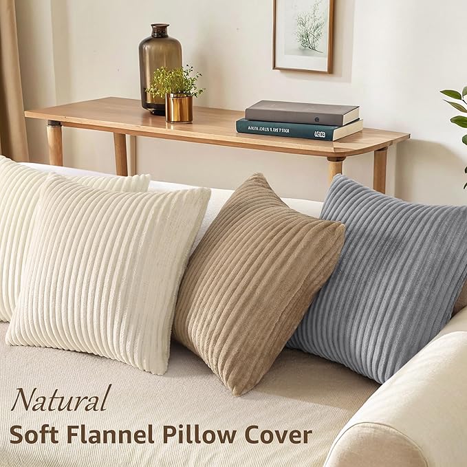 decorUhome Set of 4 Flannel Throw Pillow Covers 16x16 Inch, Spring Decorative Soft Double-Sided Fluffy Couch Pillow Covers, Farmhouse Neutral Pillow Cases for Sofa Living Room (Beige/White)