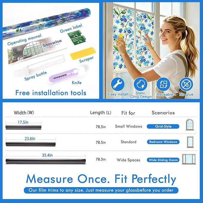 SOMWISE Rainbow Window Privacy Film,Heat Control,UV Blocking,Anti-Glare,Day & Night Privacy Protection & Decoration for Home, Bathroom,Glass Door,Static Cling,Renter-Friendly with Installation Tools
