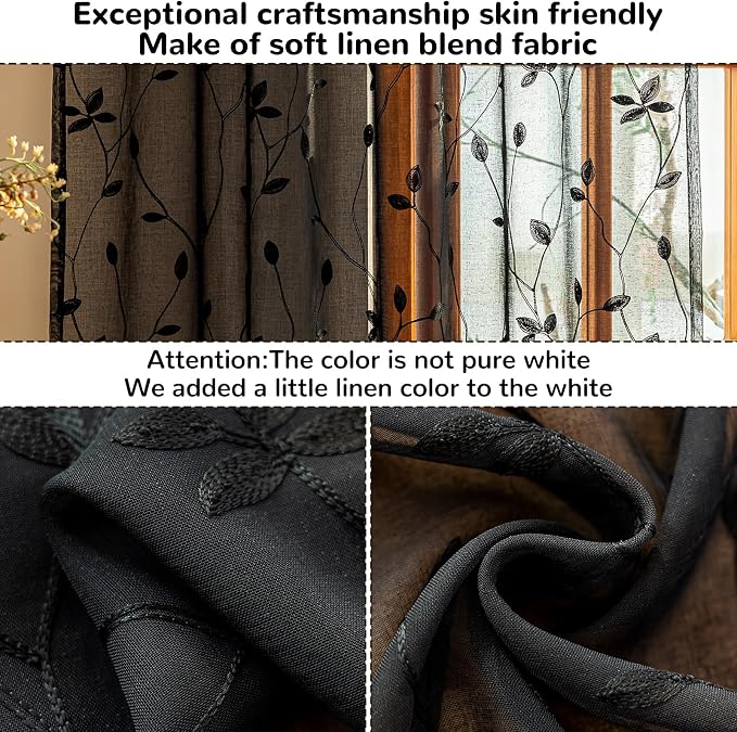 AmHoo 2 Panels Embroidered Leaf Pattern Semi Sheer Curtains Foliage Floral Voile Window Draperies Treatment for Bedroom Living Room Rod Pocket Black 53 x 63 Inch