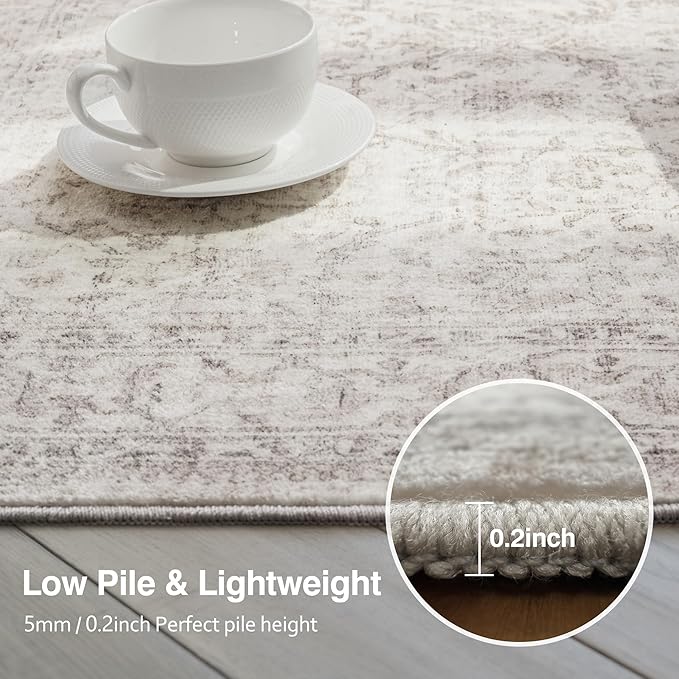 FMFUNCTEX 2x12 Runner Rug Beige Washable Vintage Neutral Distressed Non Slip Low Pile Indoor Carpet Retro Floral Hallway Entryway Rug for Kitchen Living Room Bedroom Bathroom Laundry Entry Bedside