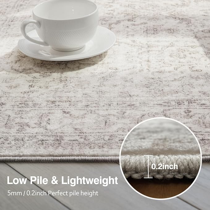 FMFUNCTEX 6ft Round Washable Area Rug Beige Vintage Neutral Distressed Non Slip Carpet for Living Room Bedroom Soft Low Pile Indoor Mat Retro Floral Throw Rug for Dining Room Office Nursery Entry