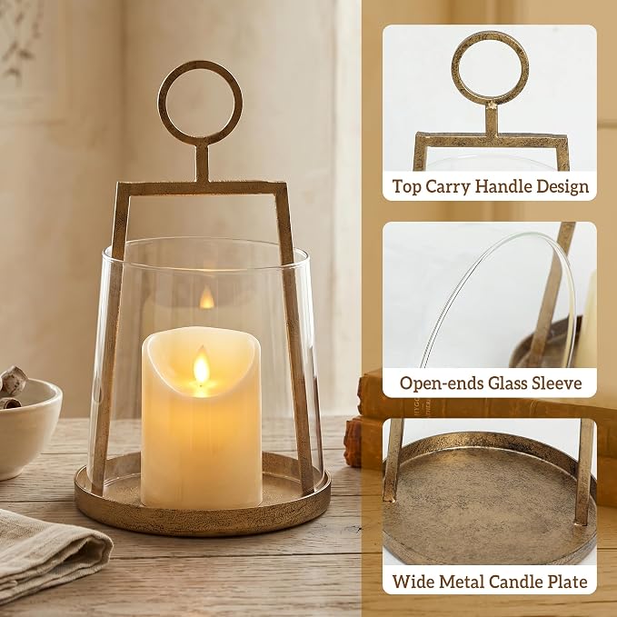Modern Farmhouse Hurricane Candle Holder, Antique Brass Metal Centerpiece with Sturdy Glass Sleeve, Tabletop Geometric Lantern for Pillar Candles, Plants & Home Decor (6" x 10")