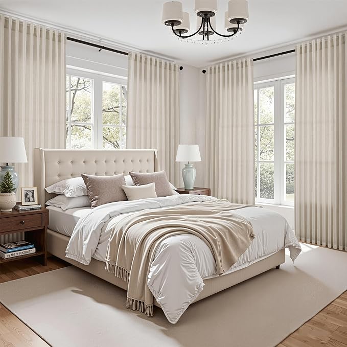 Nanspring 102 Inch Long Curtains for Living Room Boho Linen Light Filtering Semi Sheer Curtain Back Tab Eclectic Home Decor Floor to Ceiling Modern Privacy Drapes for Bedroom 52x102, 2 Panels