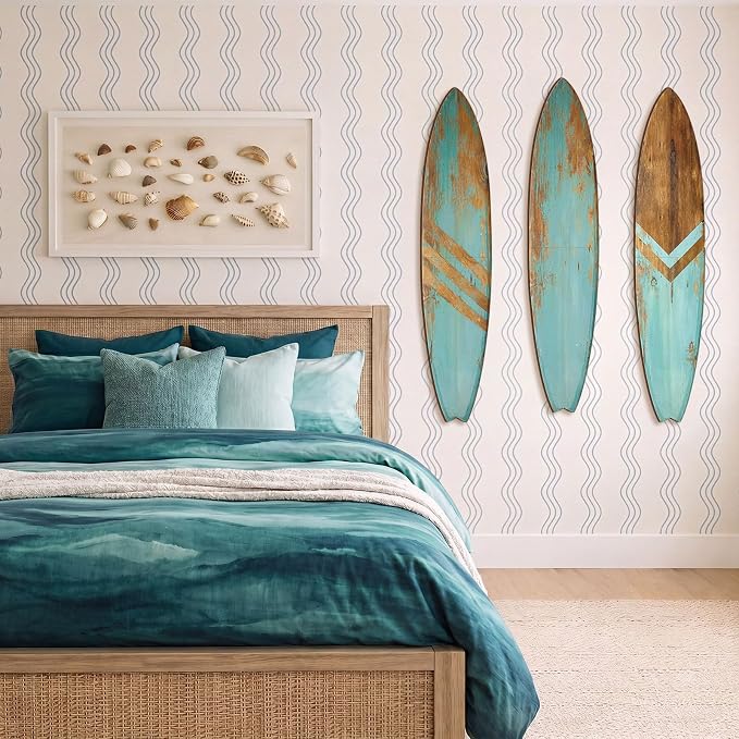 Yookeer 3 Pcs Surfboard Wall Decor,36" x 12" Large Wooden Coastal Beach Wall Decor Set, Aesthetic Cute Beachy Tropical Surf Board Art for Room Bedroom Decoration(Blue,Rustic)