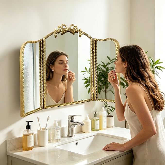 Gold Trifold Vanity Mirror Bow Top, 3-Way Makeup Mirror, Wall Mirrors for Entryway, Dresser Mirror for Bedroom, Wall Mirrors over Bathroom Sink, Decorative Mirror for Mantle, Wall-Mount Tabletop