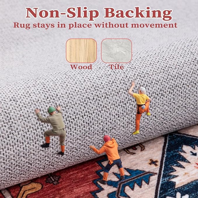 SERISSA 8x12 Area Rugs for Living Room, Large Washable Non-Slip Boho Rug, Ultra Soft Vintage Rust Oriental Tribal Print Distressed Carpet for Dining Room Bedroom Office Home Decor