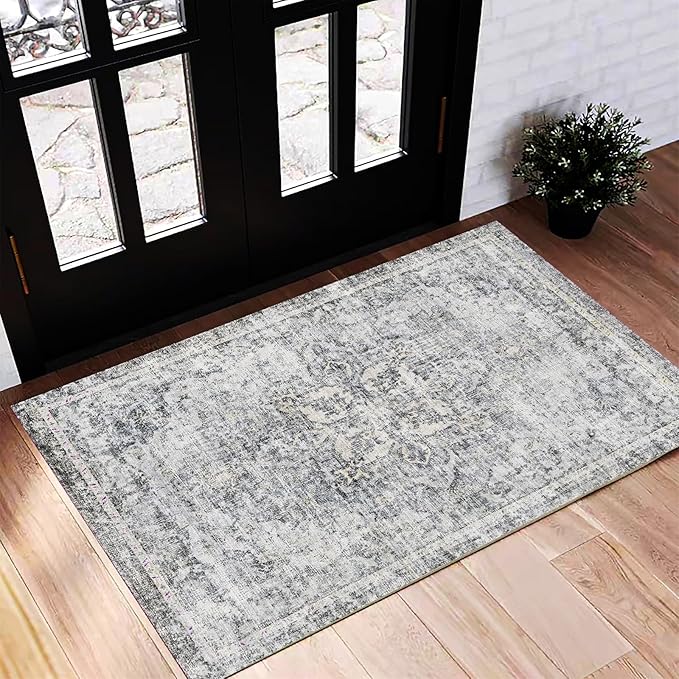 CHAMPLANT Washable Area Rug 2'x3' Door Mat Vintage Distressed Doormat Indoor Entrance Traditional Thin Rug Floral Print Non Slip Carpet for Kitchen Bathroom Bedroom Living Room