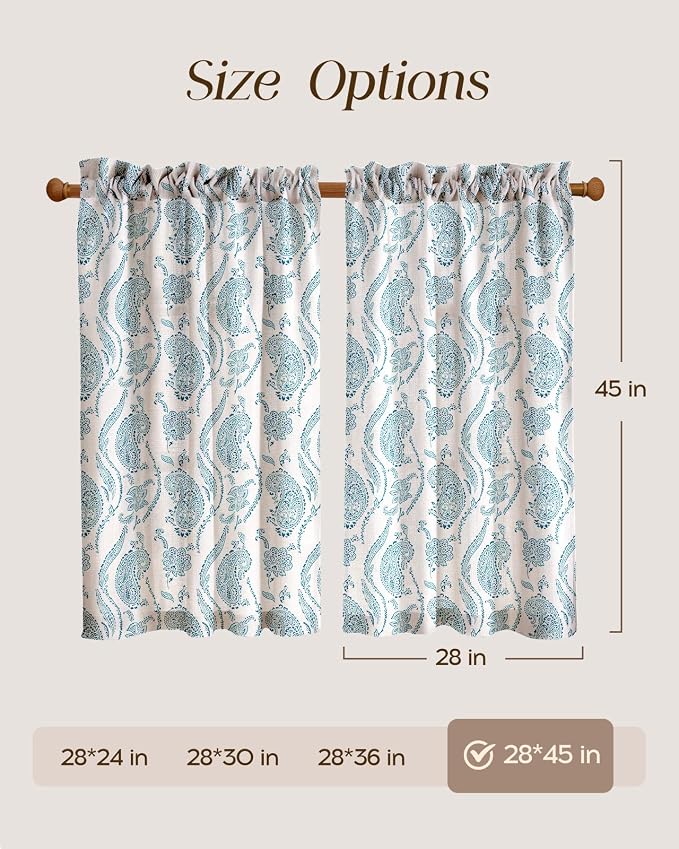 Miss Adola Farmhouse Kitchen Tier Curtains - 45 Inch Length Linen Blend Floral Cafe Curtains Blue Small Window Treatments Over Sink Rod Pocket for Bathroom Living Room Light Filtering, 2 Panels