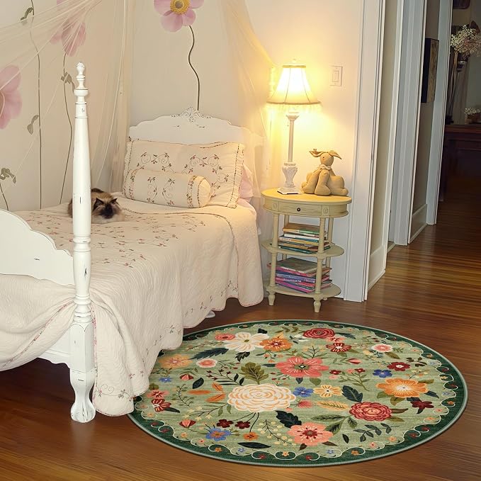 4ft Round Machine Washable Area Rug for Living Room, Light Green Vintage Boho Floral Rug Non-Slip Low Pile Soft Faux Wool Carpet Kids and Pets Friendly for Bedroom Nursery Farmhouse Home Decor Rug