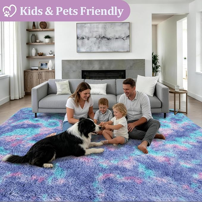 6x9 Area Rugs for Living Room Bedroom: Ultra Soft Fluffy Shag Rug Upgrade Non-Slip Non-Shedding Large Fuzzy Plush Carpet Indoor Floor Carpets for Kids Room Playroom Nursery Dorms Home Rainbow Purple