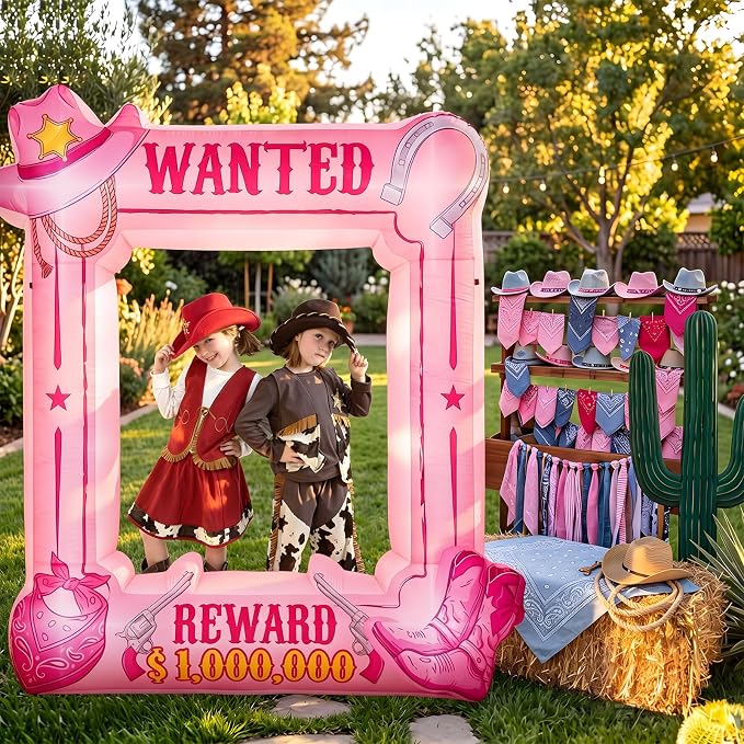 Soulchen 6 x 5 ft Pink Western Wanted Inflatable Decoration with Led Lights and Built-in Blower Perfect for Cowboy Party Decor Western Themed Birthdays and Vintage Country Events
