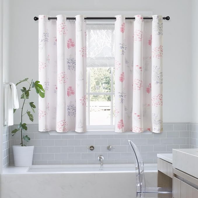 XTMYI Pink Curtains for Girls Bedroom Kids Room,Floral Boho 80% Blackout Short Curtains for Kitchen Window Bathroom Bunk Bed Dorm,45 Inch Length,Set of 2 Panels
